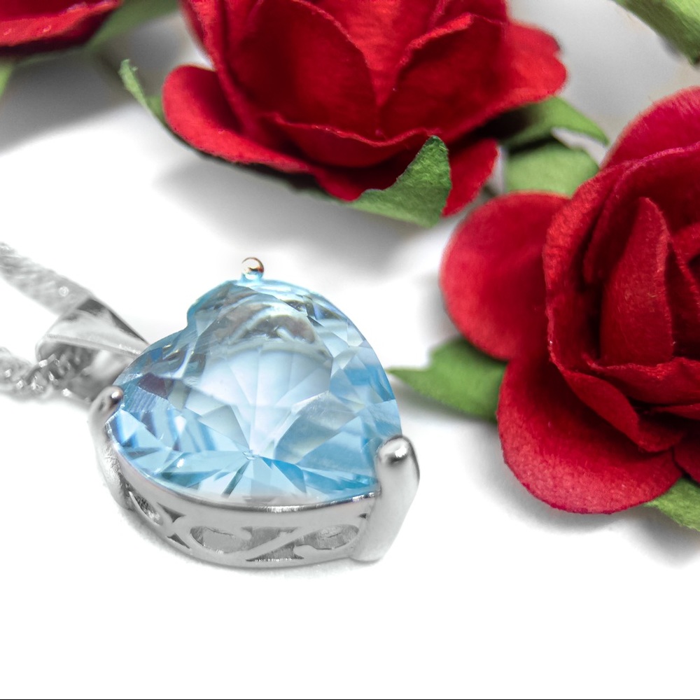 Blue Topaz-Colored Heart Necklace/ Sterling Silver